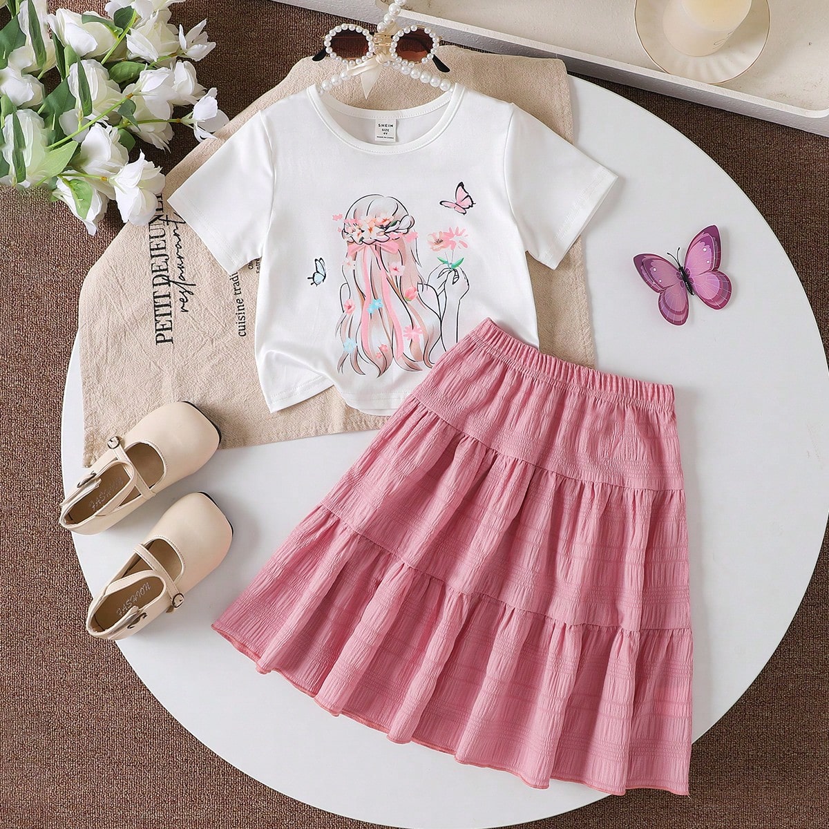 Set de 2 piezas: Vestido floral encantador y falda con diseño de espalda para niñas jóvenes