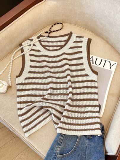 Franclia New Retro Colorblock Striped Knit Cropped Vest Tank Top, Unique Design Sleeveless Women Sweater Waistcoat