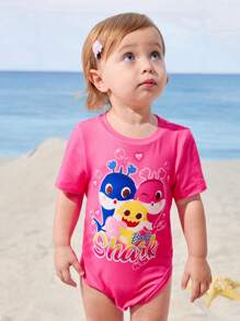 BABY SHARK X SHEIN 2pcs Baby Girl Cartoon Shark & Bubble Print Sweet Bodysuits, Summer - Pink - View 4
