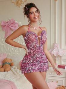 SHEIN Sexy Ruched Halter Neck Ruffle Hem Chemise Nightgown With Leopard Print, Pink For Going Out - Hot Pink - View 3
