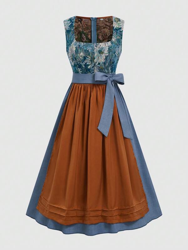 Fairmaia Traditional German Women Floral Jacquard Sleeveless Crew Neck Dress Dirndl  Oktoberfest  Traditional German Traditional Vintage Sleeveless Women Dress Traditional Dirndl Dress With Square Neck, Floral Print, And Apron, For Oktober