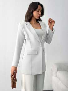 EURMUSE LAPEL COLLAR BODY POCKET FABRIC BUTTON BLAZER - White - View 3