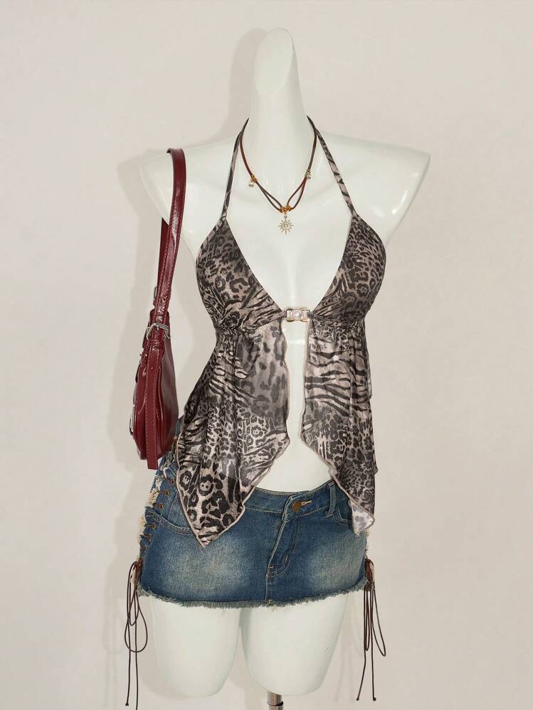 SHEIN ICON Vintage Leopard Print Backless Halter Neck Camisole