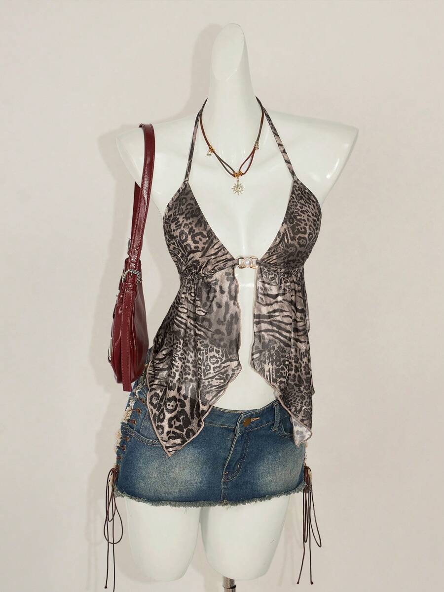 SHEIN ICON Vintage Leopard Print V-Neck Backless Halter Tank Top With Slit Hem - Multicolor - View 1