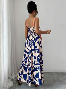 Selianne 女式夏季新款休闲细肩带收腰宽下摆几何印花连衣裙