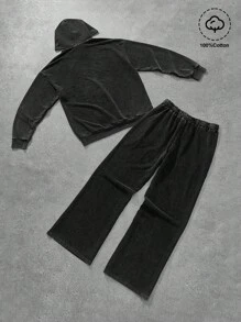 Manfinity Streetrush Set de 2 piezas de sudadera con capucha estilo callejero para hombres jóvenes, diseño de corte amplio con bolsillos, tela de algodón con lavado desgastado, para uso casual deportivo y diario, regalo unisex para días festivos.