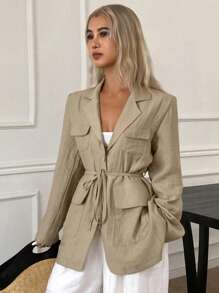 Livesso Women's Summer Slim-Fit Blazer Jacket, Multiple Pockets, Loose Fit, Fall Clothes, Back To School Clothes Business Attire - Beige - View 1