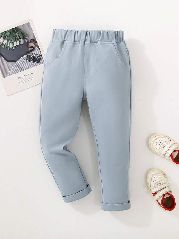 SHEIN Pantaloni casual albi cu talie elastică pentru băieți, confortabili pentru exterior, plajă, petrecere, primăvară, toamnă, vară