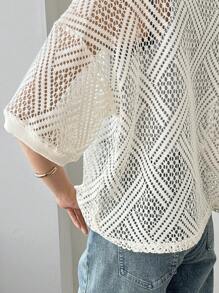 FRIFUL Women Loose Fit Round Neck Drop Shoulder Sheer Lace Blouse Summer Tops Women Knit Tops Mesh Shirts Lace Jersey Knitted Cover Up - Beige - View 5