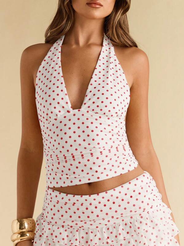SHEIN BAE Women's Summer Polka Dot Print Ruffle Sexy Halter Neck Cami Tank Top