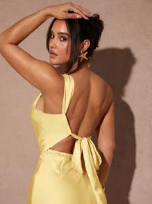 Silquee 优雅女士不对称露背开衩长裙，适合日常穿着、约会、夜总会、派对、秋季 - 黃色 - 查看 6