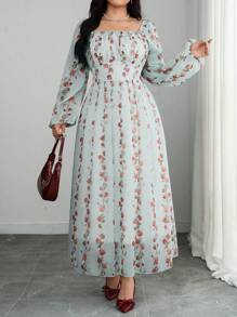 Modelyn 大码女式 A 字形雪纺碎花束腰连衣裙 - 藍色 - 查看 5
