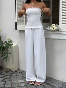 Sunnyshic 白色亚麻水洗褶皱荷叶边收腰露背无袖连体裤，休闲别致优雅浪漫简约夏季度假海滩日常装 - 白色 - 查看 7