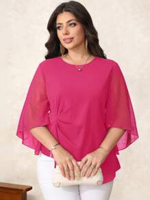 Reflora Áo kiểu dáng thanh lịch, màu trơn, tay loe, cỡ lớn, thích hợp mùa hè, công sở, dành cho nữ giáo viên, dịp Lễ Tình nhân. - Màu Hồng Tươi - Xem 6