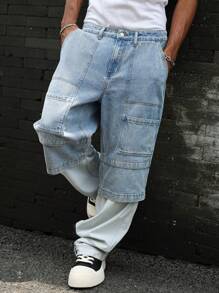 Manfinity EMRG Men's Contrasting Color Pocket Casual Loose Street Style Denim Jeans - Blue - View 5