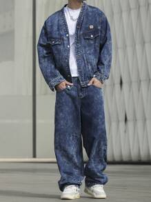 Manfinity EMRG 大码男士水洗牛仔夹克和牛仔裤套装，秋季服装 - 深色水洗藍 - 查看 4