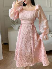 Feyla Women's Solid Color Square Neck Ruffle Hem Long Sleeve Dress Long Evening Dresses