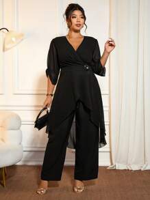 Cravure 大码女式雪纺两件套，优雅都市女性风格，复古经典黑色，玫瑰贴花腰部设计，飘逸长款，适合春夏休闲/工作装