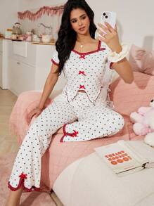 SweetSlumber Conjunto de pijama de punto para mujer con estampado de corazón y aplicación de encaje