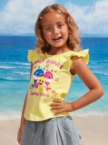 BABY SHARK X SHEIN Young Girl Cartoon Cute Shark Print Ruffle Top - Yellow - View 4