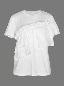 Women's Solid Color Round Neck Short Sleeve Ruffled Hem Fashion T-Shirt, Summer - White - View 3