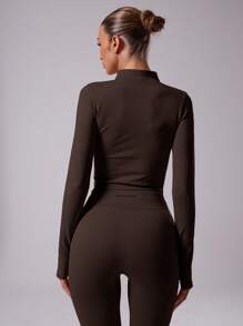 Musera Sport 女士立领全拉链短款运动夹克上衣，适合健身房穿着 - 巧克力棕 - 查看 2