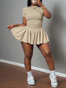 Slaydiva New Spring And Summer Casual Basic Style, Sports Style, Simple Round Neck, Short Sleeves, Pleated Short T-Shirt On Both Sides + A Swing Umbrella Skirt, Short On Both Sides, Front And Back, Medium Length, Light Gray Ribbed Knitted Fabric Women's Two Pieces Set - Apricot - View 5