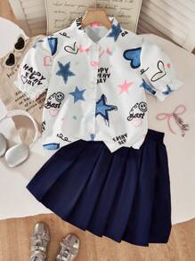 SHEIN 2pcs/Set Tween GirlsCasual Cute Blouse And Pleated Mini Skirt Set Summer Holiday - Multicolor - View 3
