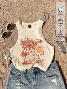 SHEIN EZwear Top camiseta ajustada de cuello redondo minimalista y casual con estampado tropical para mujer, de verano