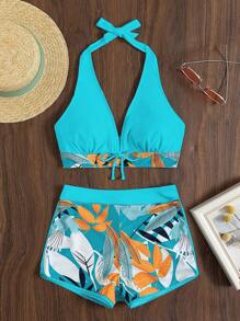 Swim Lushoire 女款夏季海灘熱帶植物印花掛脖繫帶性感比基尼泳衣套裝，隨機印花 - 薄荷藍 - 查看 4