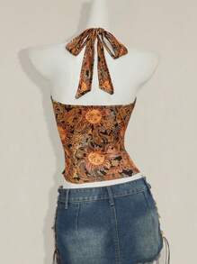 SHEIN ICON Áo hở lưng hở lưng cổ chữ V sâu in họa tiết Paisley gợi cảm mùa hè - màu nâu - Xem 2