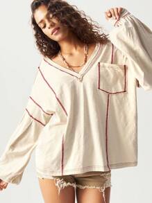 Bohemela 大码女式V领撞色缝线落肩长袖口袋休闲T恤 - 杏色 - 查看 5