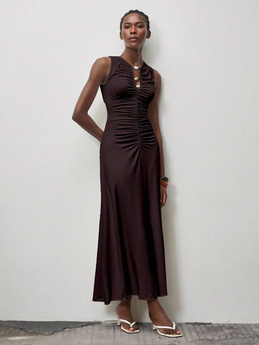 Lumivelle Women's Sleeveless Hollow Out Pleated Beaded Long Dress, Figure Flattering, Spring/Summer - Coffee - View 1