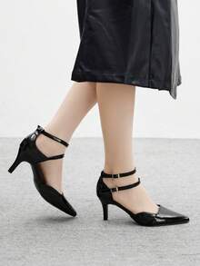 CUCCOO BIZCHIC 女士尖头低跟白色珍珠亮片镂空踝带高跟鞋，适合万圣节、圣诞节、派对等场合 - 黑色 - 查看 4