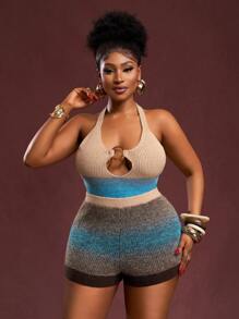 Veslaya 2 Pieces Set: 2025 Summer Beach Music Festival Gradient Plus Size Women Knit Hollow-Out Sexy Camisole And Shorts