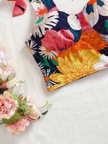 Vivid Eden 女士度假彩色花卉印花系带短款修身吊带背心，女士街头服饰，休闲度假，夏季上衣，母亲节 - 橘色 - 查看 5
