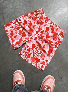 PAVTROS Pantaloncini casual da uomo con vita elastica, stampa a lettere e mimetica, pantaloncini mimetici rossi, pantaloncini mimetici rosa, pantaloncini a cuore, pantaloncini sportivi