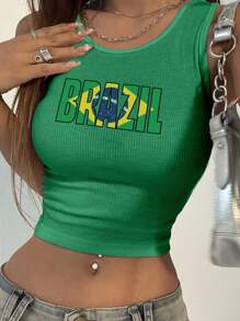 StreetHx Camiseta de tirantes de verano para mujer con estampado de la bandera de Brasil y motivos de fútbol, estilo Y2K, color verde - Verde - Ver 1