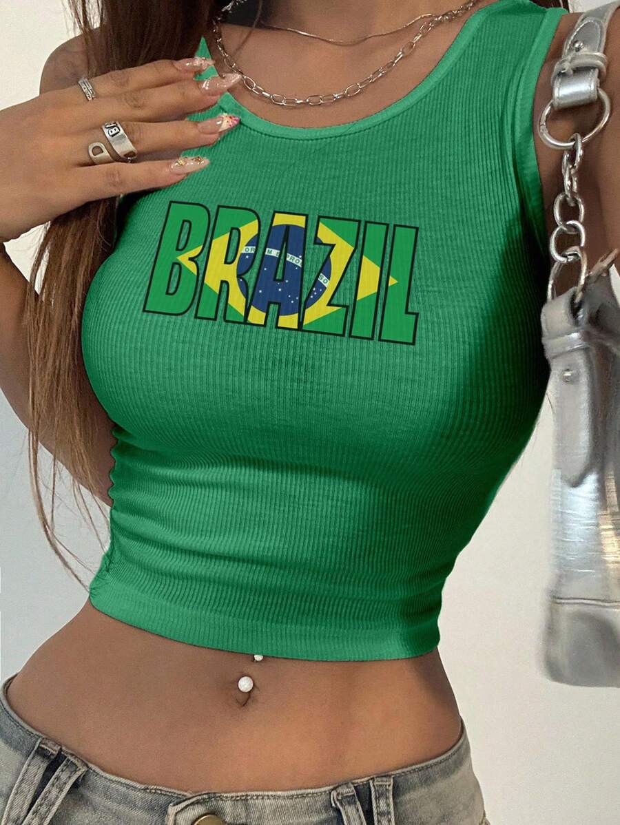 StreetHx Camiseta de tirantes de verano para mujer con estampado de la bandera de Brasil y motivos de fútbol, estilo Y2K, color verde - Verde - Ver 1