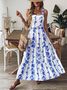 SHEIN Holidaya 女士蓝白印花修腰吊带连衣裙，休闲日常/度假装 - 寶藍色 - 查看 5