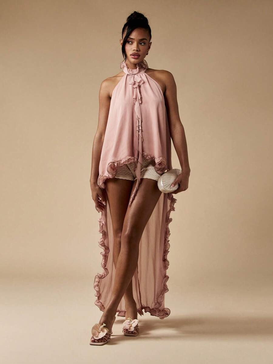 MISSGUIDED 优雅高领荷叶边雪纺上衣，前短后长下摆，适合晚宴、婚礼宾客、伴娘等场合，春夏皆宜。 - 粉色 - 查看 1