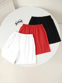 3 Pc Teenboy's Loose Casual Woven Shorts Multi-Color Set,Solid Basic Versatile Sports Workwear Summer Streetwear Suitable For Spring And Summer - Multicolor - View 3