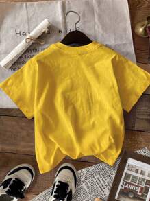 SHEIN Camiseta de cuello redondo de manga corta con estampado de paisaje de verano, ajuste casual para verano, para niño