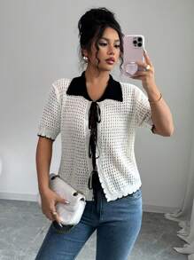 Chiquease French Minimalist Casual Short Sleeve Knitted Cardigan With Polo Collar For Women - Black and White - View 4