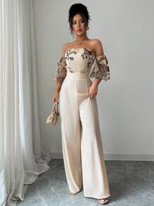 Rafferiza 女士时尚优雅露肩刺绣网眼连体裤 - 杏色 - 查看 5