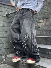 Manfinity EMRG 大码男士时尚休闲牛仔裤，适合街头运动、学院风、垃圾摇滚风 - 黑色 - 查看 7