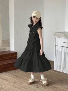 SHEIN Genkimix Kids Conjunto de 2 piezas para niñas con top tipo chaleco elegante y falda con volantes asimétricos en el bajo
