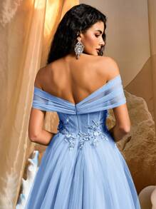 Glamrae Váy dài maxi bằng vải tuyn đính ren hoa 3D hở vai màu xanh lá cây sang trọng thanh lịch có độ xòe cực lớn, phù hợp cho đám cưới, tiệc tùng, sự kiện, tiệc chiêu đãi, lễ cưới (được tô điểm nhiều) - Màu xanh lam - Xem 7
