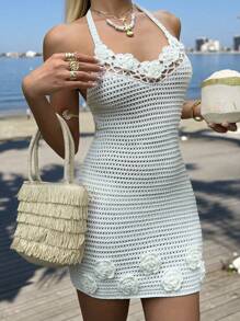 SHEIN EZwear Damen einfarbiges ärmelloses Neckholder Modekleid aus Cut Out gestricktem Pullover - Weiss - Übersicht 9