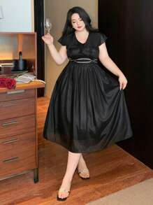 Dazy Plus Solid Color Chiffon Ruffle Collar Decorative Waist Cinched Waist Long Black Short Sleeve Summer Dress